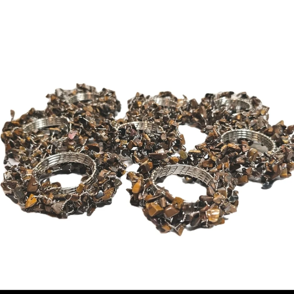 8 Pottery Barn Brown Beaded Cluster Tiger Eye Stone Wire Napkin Rings
